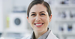 Smile, woman and portrait of scientist in laboratory with confidence for medical research. Happy, about us and female biologist with pride for job opportunity with pharmaceutical science in London. 