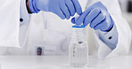 Sample, cylinder and hands of scientist in laboratory with medical research for innovation. Syringe, person and chemist with liquid solution for pharmaceutical development with clinic results.