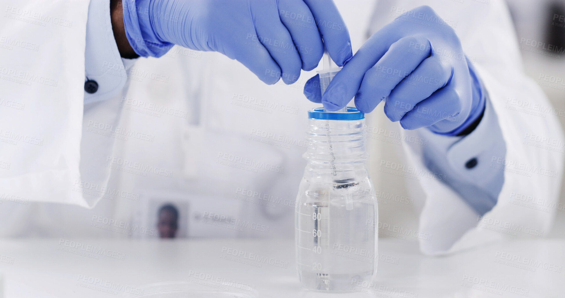 Buy stock photo Sample, cylinder and hands of scientist in laboratory with medical research for innovation. Syringe, person and chemist with liquid solution for pharmaceutical development with clinic results.