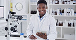 Happiness, tablet and black man in lab for medical research, medicine study and online results. African person, funny and scientist on digital tech for vaccine report, innovation and experiment