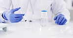 Sample, syringe and hands of scientist in laboratory with medical research for innovation. Glass cylinder, person and chemist with liquid solution for pharmaceutical development with clinic results.