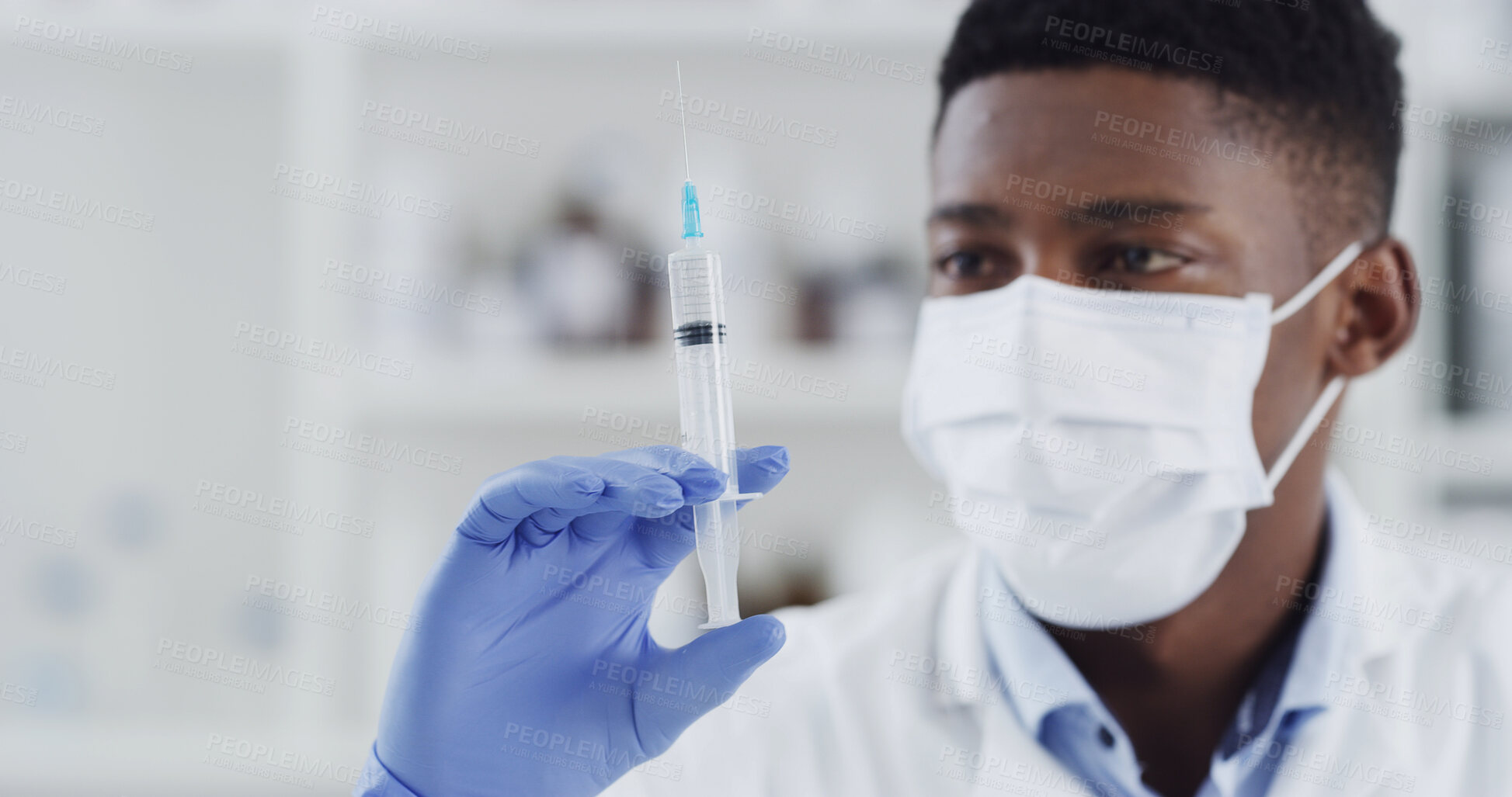 Buy stock photo Scientist, mask and man with syringe clinic, biochemistry and chemical analysis for drug development. Lab, specialist and black person with sample, medical research and experiment for cancer cure