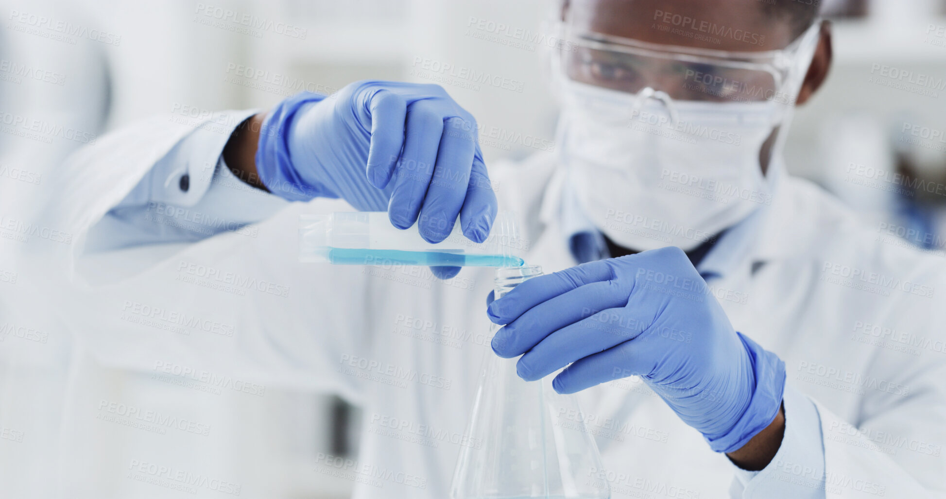 Buy stock photo Sample, beaker and scientist in laboratory with medical research for vaccine innovation. Glass vial, black man and chemist with liquid solution for pharmaceutical development with clinic results.
