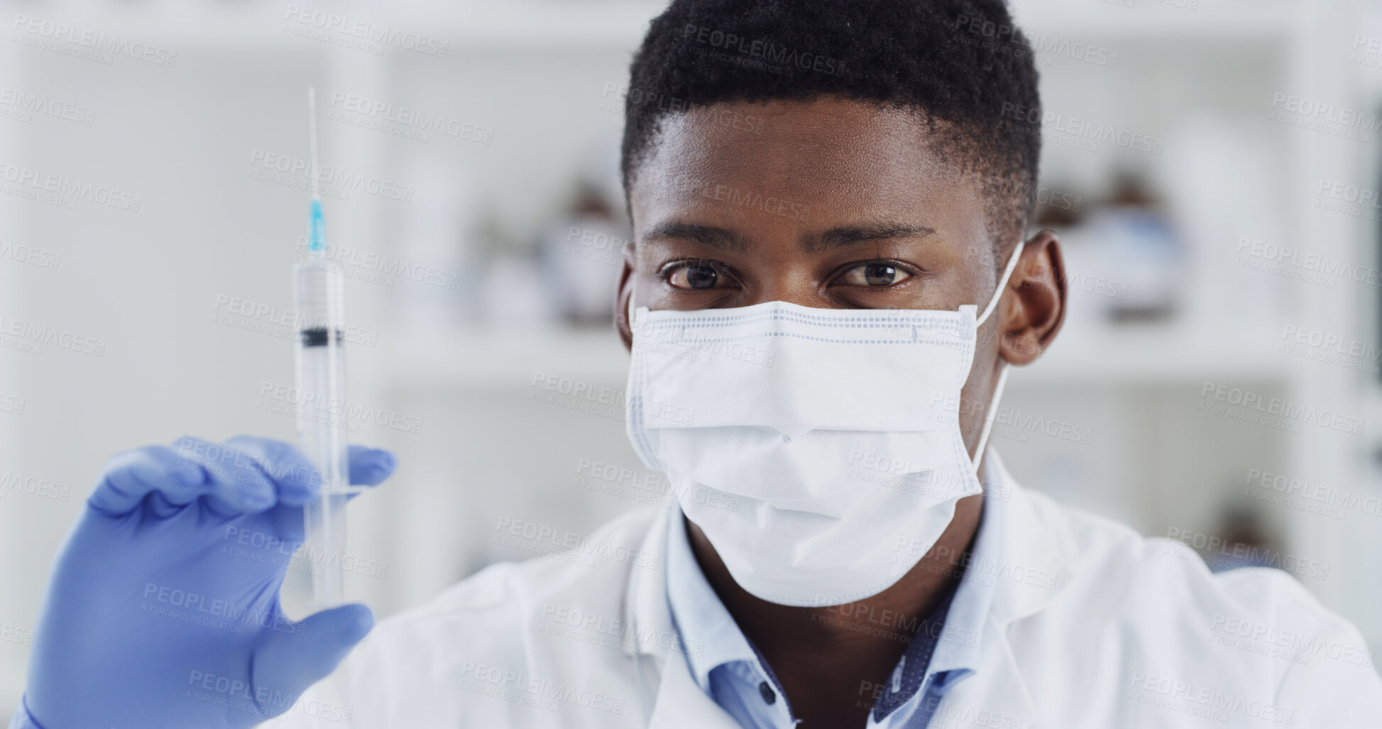 Buy stock photo Scientist, mask and man with syringe lab, biochemistry and chemical analysis for vaccine development. Clinic, portrait and black person with sample, medical research and experiment for cancer cure