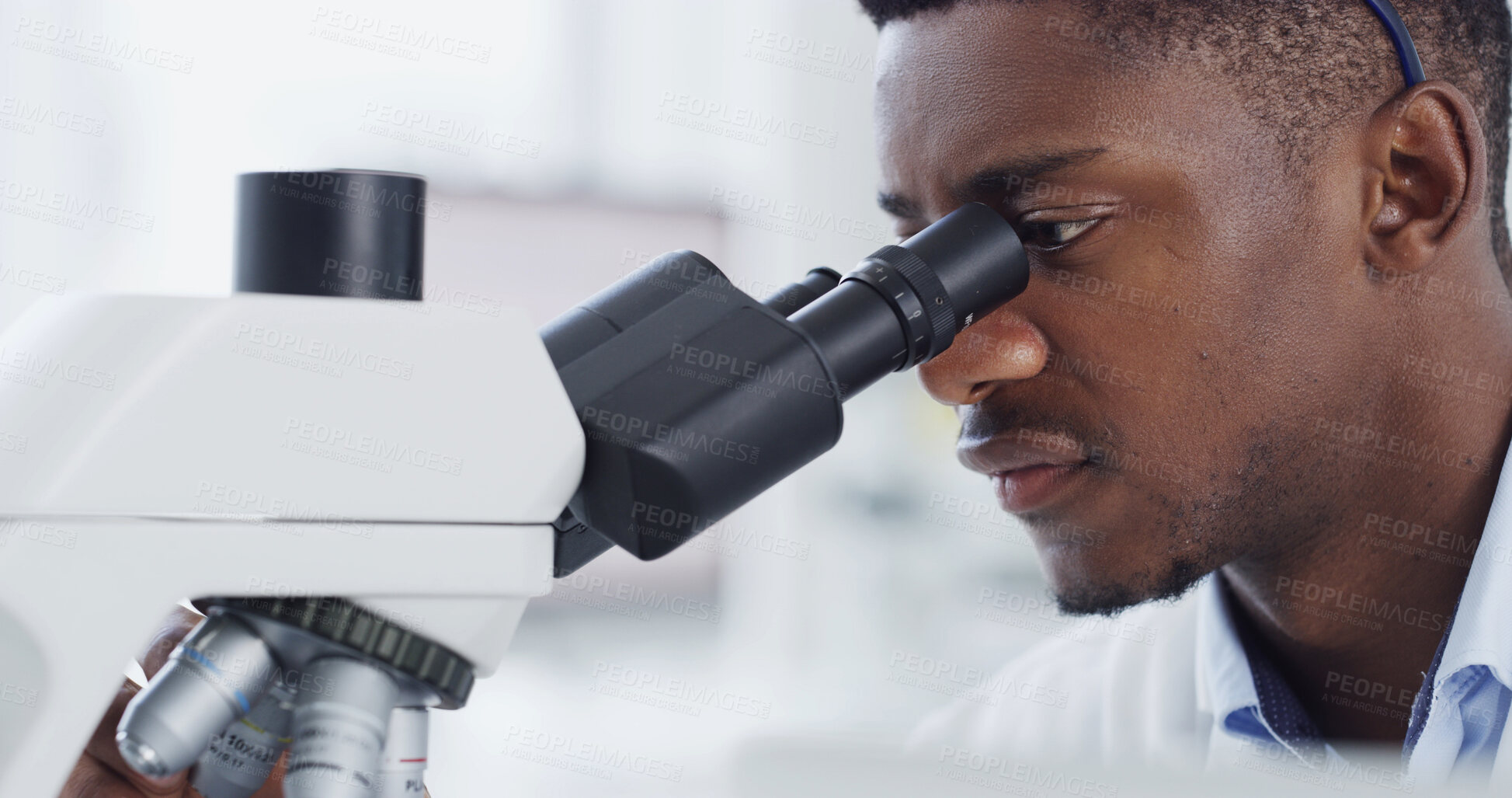 Buy stock photo Scientist, microscope or research with black man in lab for forensic study or medical experiment. Male person, microbiologist or exam with biotechnology for science, test results or clinical trial