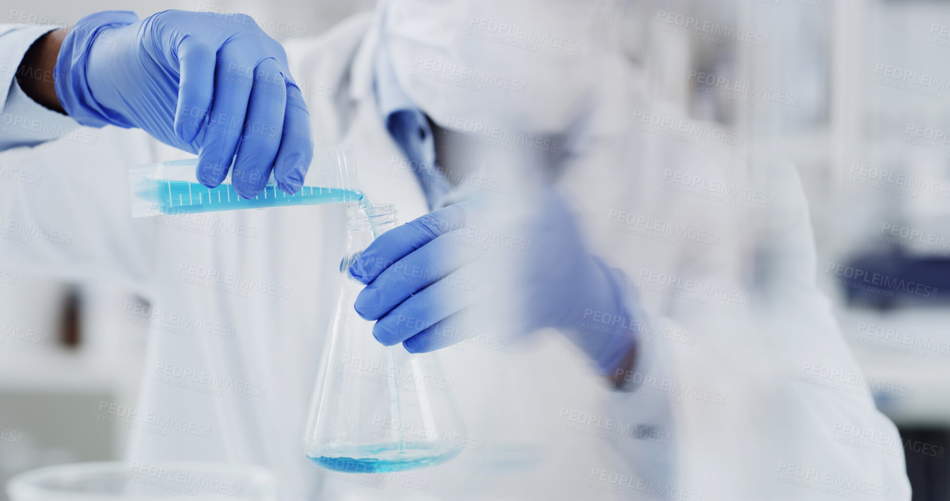 Buy stock photo Sample, beaker and hands of scientist in laboratory with medical research for innovation. Glass cylinder, person and chemist with liquid solution for pharmaceutical development with clinic results.