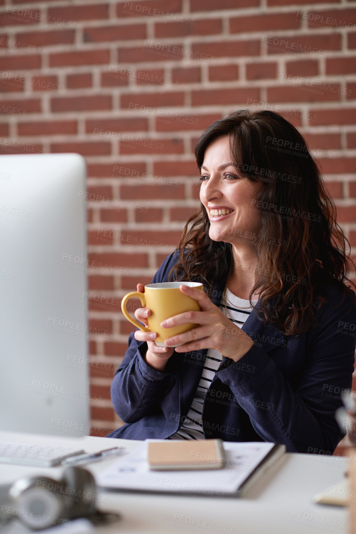 Buy stock photo Happy, coffee or woman in office with computer, sales review or good news in property management. Smile, warm mug or realtor with tech, deal closed or positive feedback on investment opportunity.