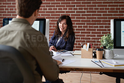 Buy stock photo Laugh, team and business woman in office with proposal, story and feedback for style publication. Talk, workplace and fashion magazine editor with social media trends, creative design or funny joke