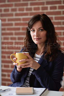 Buy stock photo Creative, portrait or woman in workplace with coffee, opportunity or pride in advertisement industry. Smile, tech or branding director with mug, career growth or confidence in marketing office.