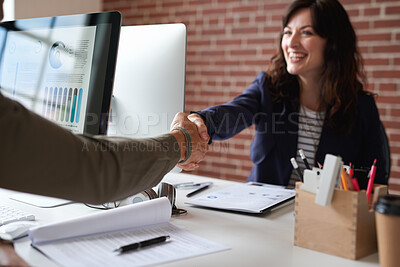 Buy stock photo Business, woman and meeting in office with handshake, welcome and agreement for finance deal. Smile, people and shaking hands for greeting, client introduction and partnership for investment funding