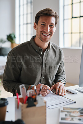 Buy stock photo Creative, portrait or man in office with document, opportunity or pride in advertisement industry. Smile, tech or branding director with report review, career growth or confidence in marketing agency