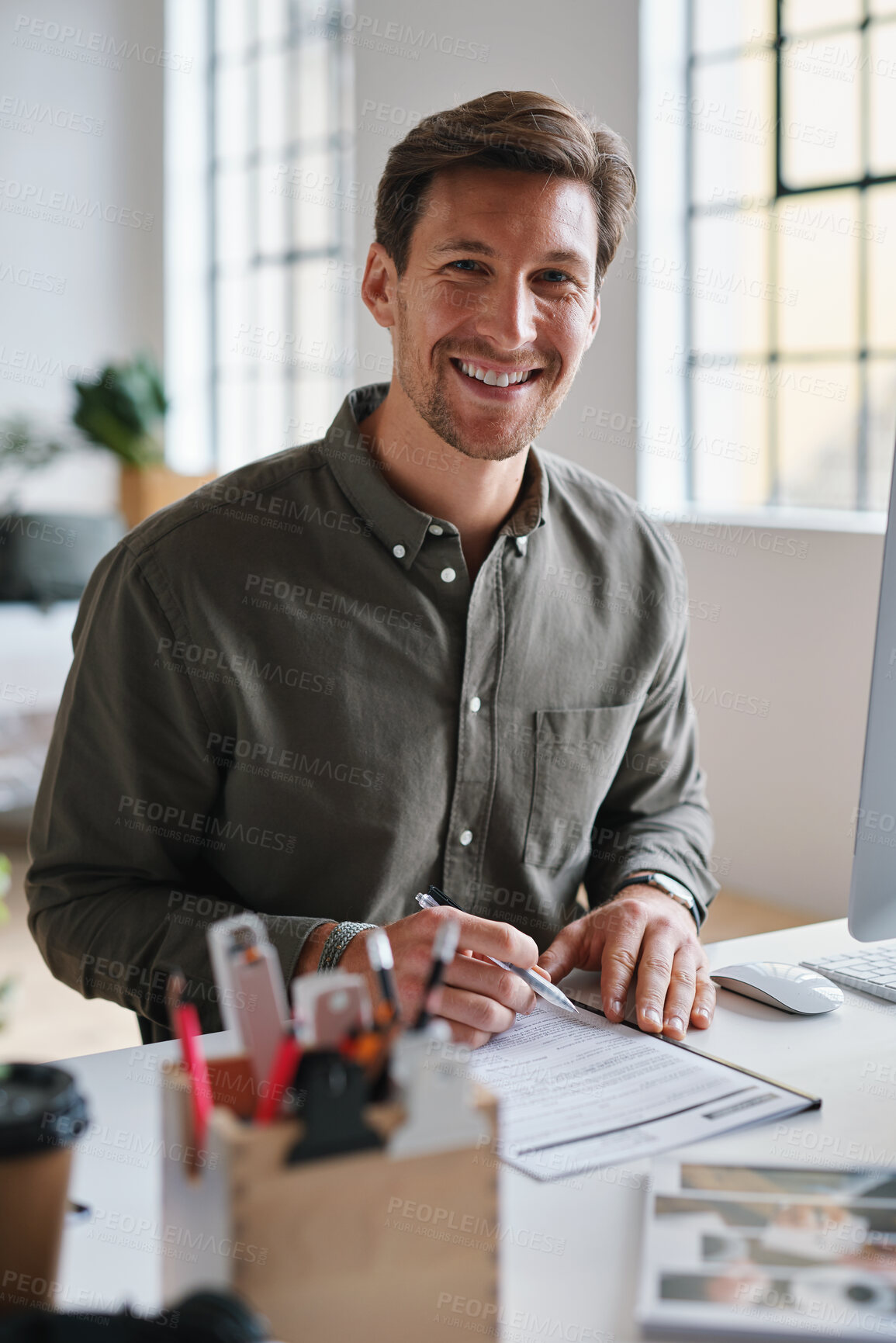 Buy stock photo Creative, portrait or man in office with document, opportunity or pride in advertisement industry. Smile, tech or branding director with report review, career growth or confidence in marketing agency
