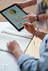 Business people using digital tablet computer with financial data on screen discussing graph information brainstorming marketing strategy in office