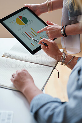 Buy stock photo Tablet, statistics and hands of business people in office with finance report for investment graphs. Notebook, technology and financial advisor with manager for feedback on stock market charts.
