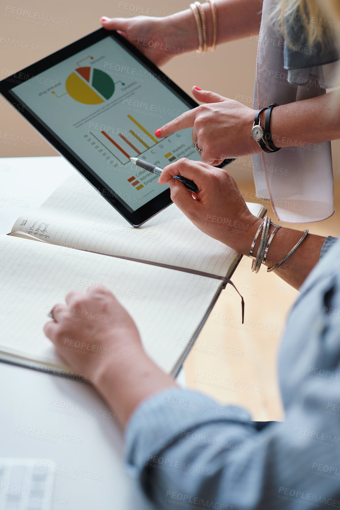 Buy stock photo Tablet, statistics and hands of business people in office with finance report for investment graphs. Notebook, technology and financial advisor with manager for feedback on stock market charts.