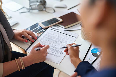 Buy stock photo Signature, contract and hands of business people in office with finance report for investment. Paperwork, corporate review and financial advisor with manager for feedback on stock market in workplace