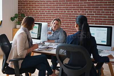 Buy stock photo Coworker, talk and business women in office for accounting, asset management or expense analysis. Team, discussion and advice at work for financial review, tax data or compliance update with tech