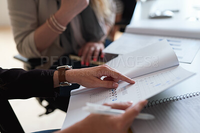 Buy stock photo Paperwork, hands and people in office with finance data, statistics or graphs for profit growth. Documents, charts or employees with plan for company investment, reading and schedule for b2b deal