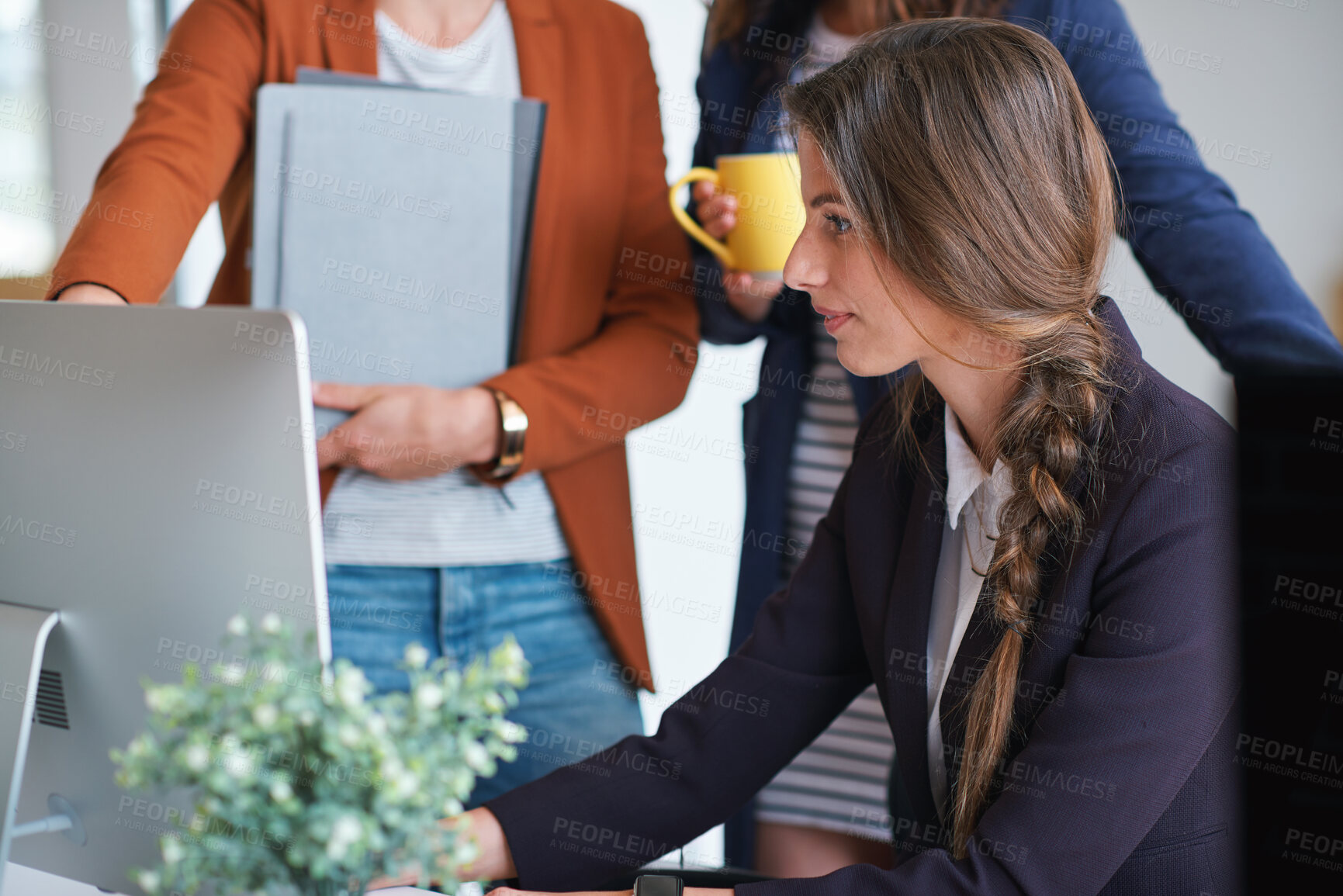 Buy stock photo Creative, manager or team in office with computer, content strategy or advice on marketing report. Insight, people or branding clerk with tech, mentor support or guidance for advertisement campaign.