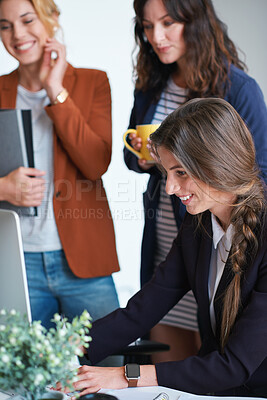 Buy stock photo Creative, manager or team in agency with computer, content strategy or advice on marketing report. Smile, women or branding clerk with tech, mentor support or guidance for advertisement campaign.