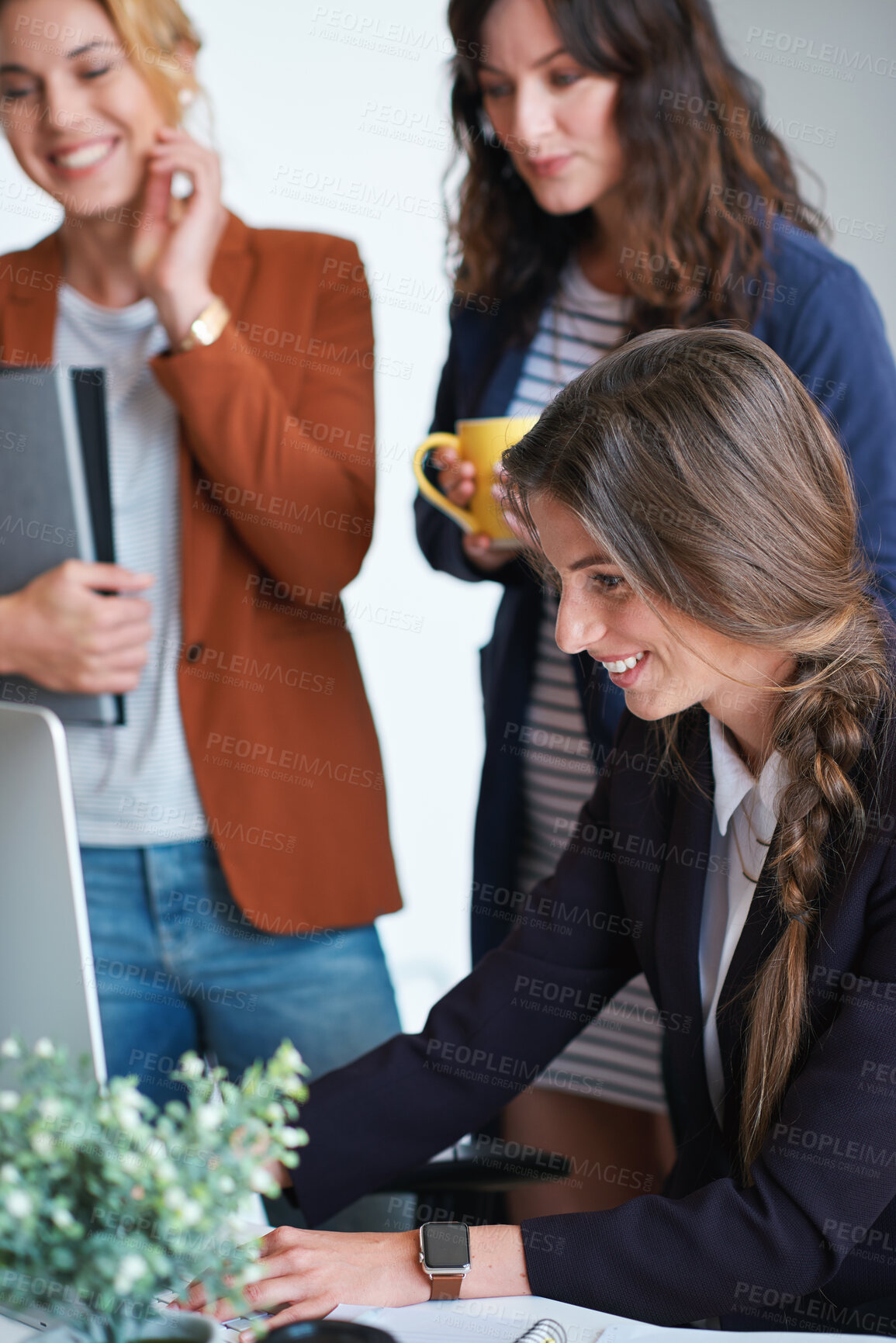Buy stock photo Creative, manager or team in agency with computer, content strategy or advice on marketing report. Smile, women or branding clerk with tech, mentor support or guidance for advertisement campaign.