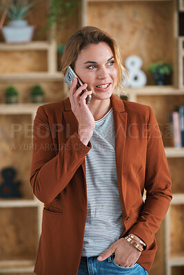 Buy stock photo Phone call, conversation and woman with chat in office for creative project or online article. Communication, tech and magazine editor with schedule for feedback or review in publishing agency