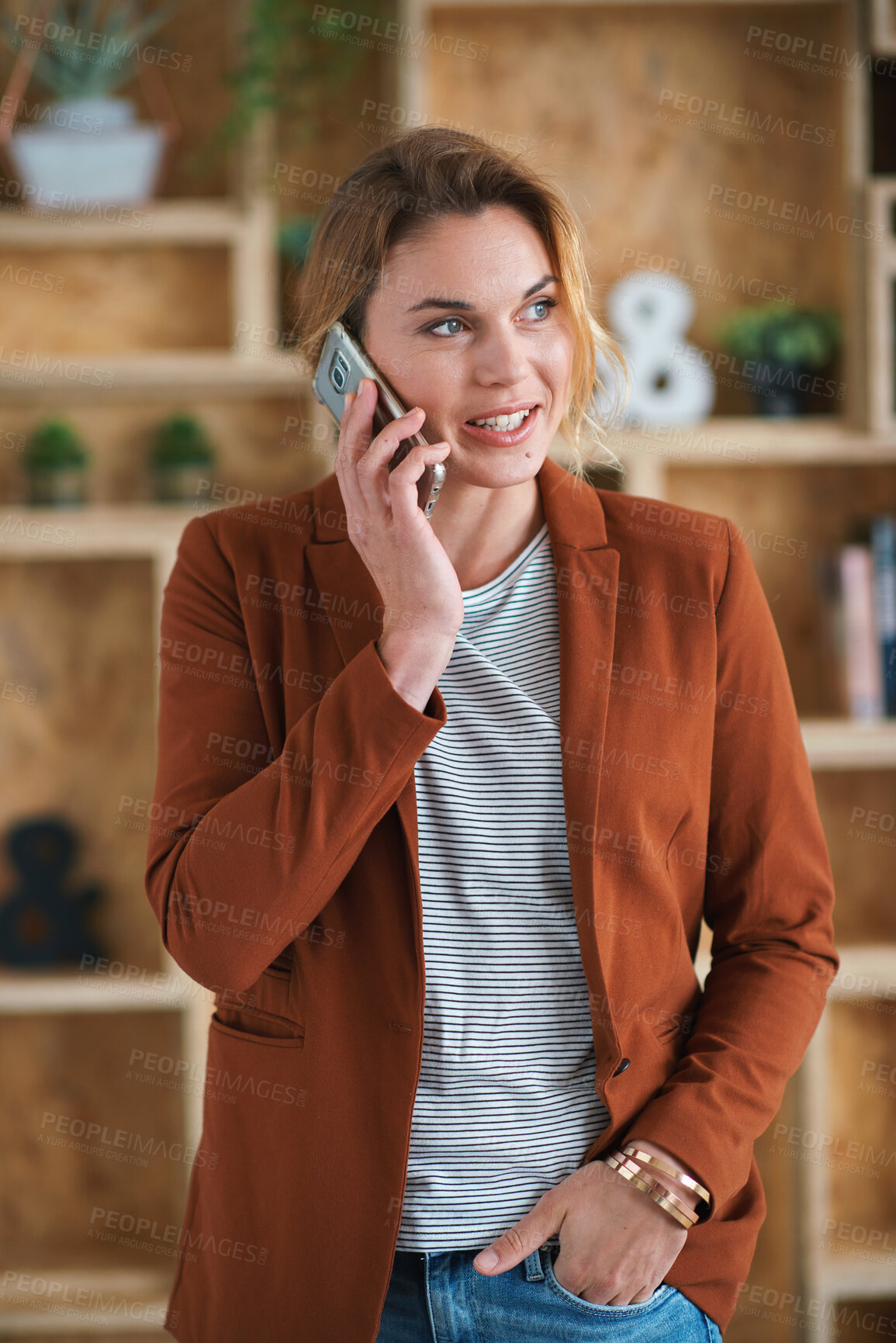 Buy stock photo Phone call, conversation and woman with chat in office for creative project or online article. Communication, tech and magazine editor with schedule for feedback or review in publishing agency