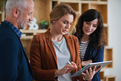 Buy stock photo Tablet, team and business people in office for advice, asset management or expense report. Accounting, tech and meeting at work for financial review, tax info or compliance update with discussion