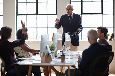 Buy stock photo Business, man and staff in office with questions, participation and attention for answer. Mature person, employees and hand gesture for faq, training feedback and teamwork with presentation inquiry