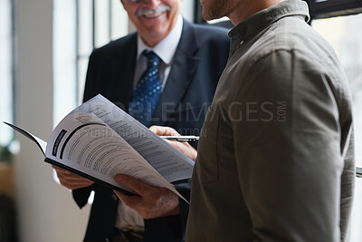 Buy stock photo Documents, hands and men in office with finance data, coaching or conversation for profit growth. Paperwork, mentor and employees with company investment, feedback and information for b2b deal
