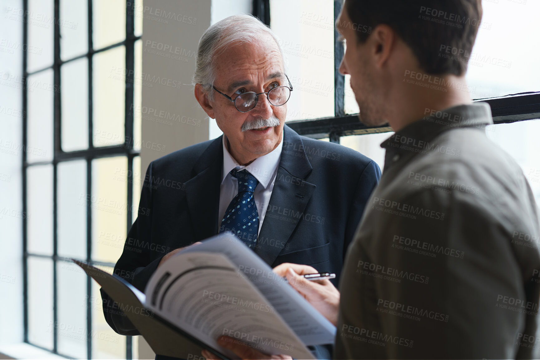 Buy stock photo Paperwork, business and men in office with finance data, coaching or discussion for profit growth. Documents, mentor and employees with plan for company investment, feedback and schedule for b2b deal