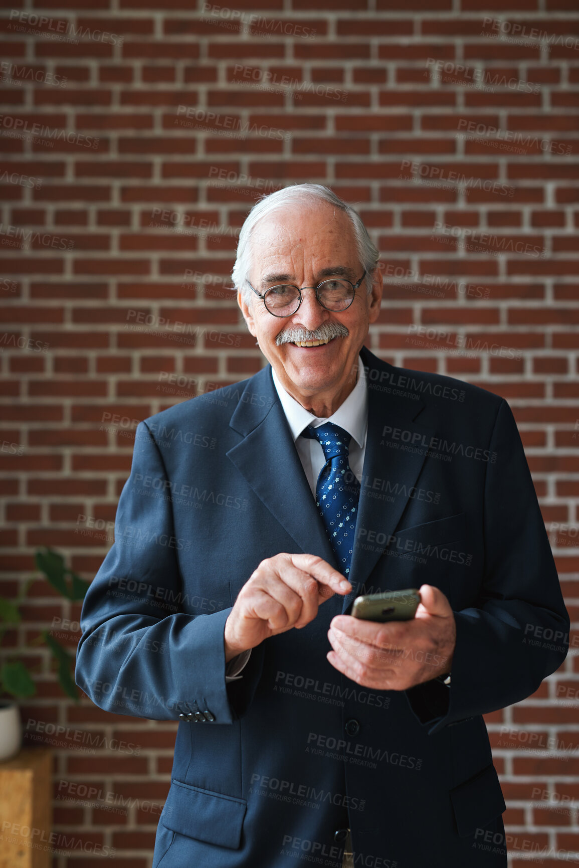 Buy stock photo Portrait, business and man in office, phone for texting and smile with app for social media. Mature person, mobile user or professional with email notification, funny and internet for online chatting