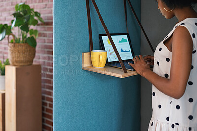 Buy stock photo Woman, laptop and analyst with chart in office booth for business performance or analysis. Female person, employee or typing with computer in work cubicle for information, review or data management