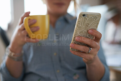 Buy stock photo Woman, hands and phone with coffee in home for social media, network or online research. Female person, user or drink with warm beverage or smartphone for mobile news, internet or texting in house