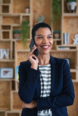 Buy stock photo Phone call, smile and woman with chat in office for creative project or online article. Communication, digital tech and magazine editor with schedule for feedback, review or publishing in agency