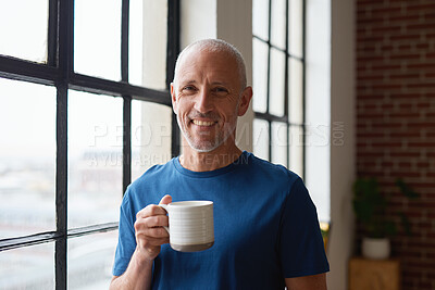 Buy stock photo Portrait, relax and man at house with coffee, start day and calm morning for weekend break. Smile, mature person and window with beverage, herbal drink and stress relief in living room for me time