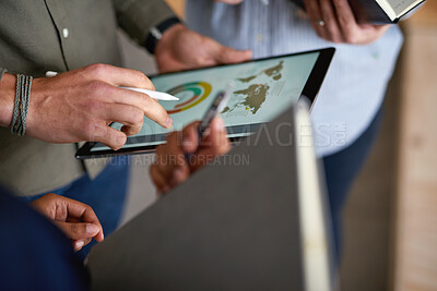 Buy stock photo Tablet, economics and hands with business people for global performance, analysis or statistics. Group, employees or meeting with graph on screen for monitoring environment or population in workplace