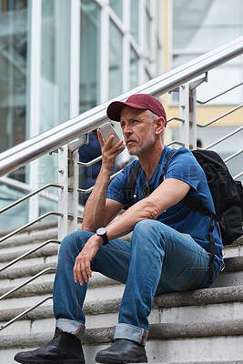 Buy stock photo Phone, travel and voice note with man on steps in city for holiday, navigation or vacation. App, break and voip search for directions to location with mature tourist outdoor on stairs for getaway