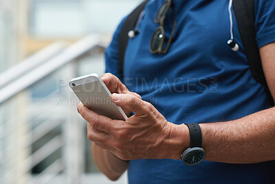Buy stock photo Phone, city and hands on vacation, travel directions and social media with online connection. Mobile, outdoor and man on holiday in town for internet guide, navigation app and tourism website