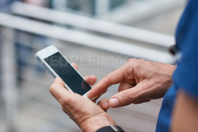 Buy stock photo Phone screen, city and hands on vacation, travel directions or social media with online connection. Mobile, outdoor and person on holiday in town for internet guide, navigation app or tourism website