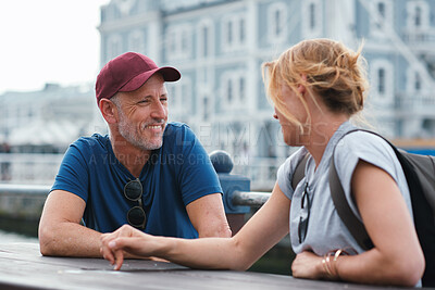 Buy stock photo Couple, travel and conversation in harbor for holiday, date and smile for summer bonding. Mature man, woman and tourist with connection, vacation and together for honeymoon or romance at waterfront