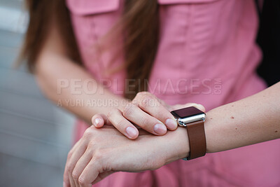 Buy stock photo Hands, smart watch and notification in city for travel, scroll or appointment for morning schedule. Person, tourist and digital tech with clock, app and time management with reminder for agenda