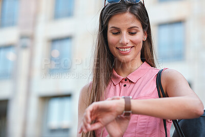 Buy stock photo Happy, smart watch and woman in city for travel, holiday or morning schedule on vacation. Smile, tourist and female person with digital tech with clock for agenda, time management or reminder.