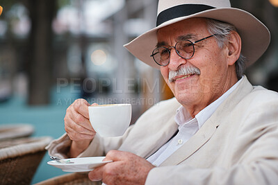 Buy stock photo Happy, customer and old man with coffee at cafe, retirement and relax with warm beverage on weekend. Outdoor, restaurant and elderly person with caffeine drink on break, calm and smile with latte
