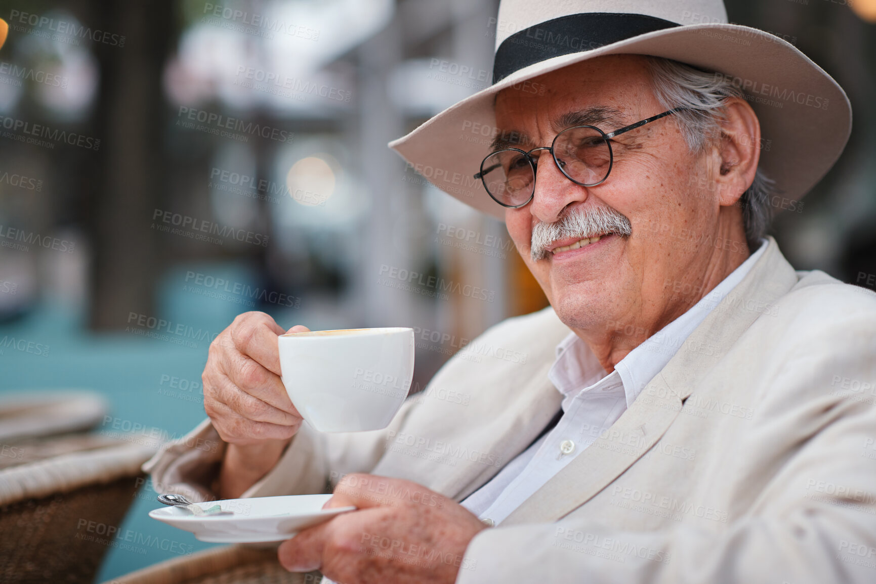 Buy stock photo Happy, customer and old man with coffee at cafe, retirement and relax with warm beverage on weekend. Outdoor, restaurant and elderly person with caffeine drink on break, calm and smile with latte