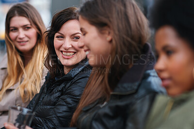 Buy stock photo Outdoor, friends and women with discussion for smile, storytelling and weekend outing for reunion. Laughing, communication and happy people with gossip for connection, hang out and joke for bonding