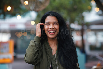 Buy stock photo Portrait, woman and smile in city with travel, positive attitude and good mood for weekend break. Bokeh, happy female person and explore outdoor downtown with confidence, wellness and calm evening.