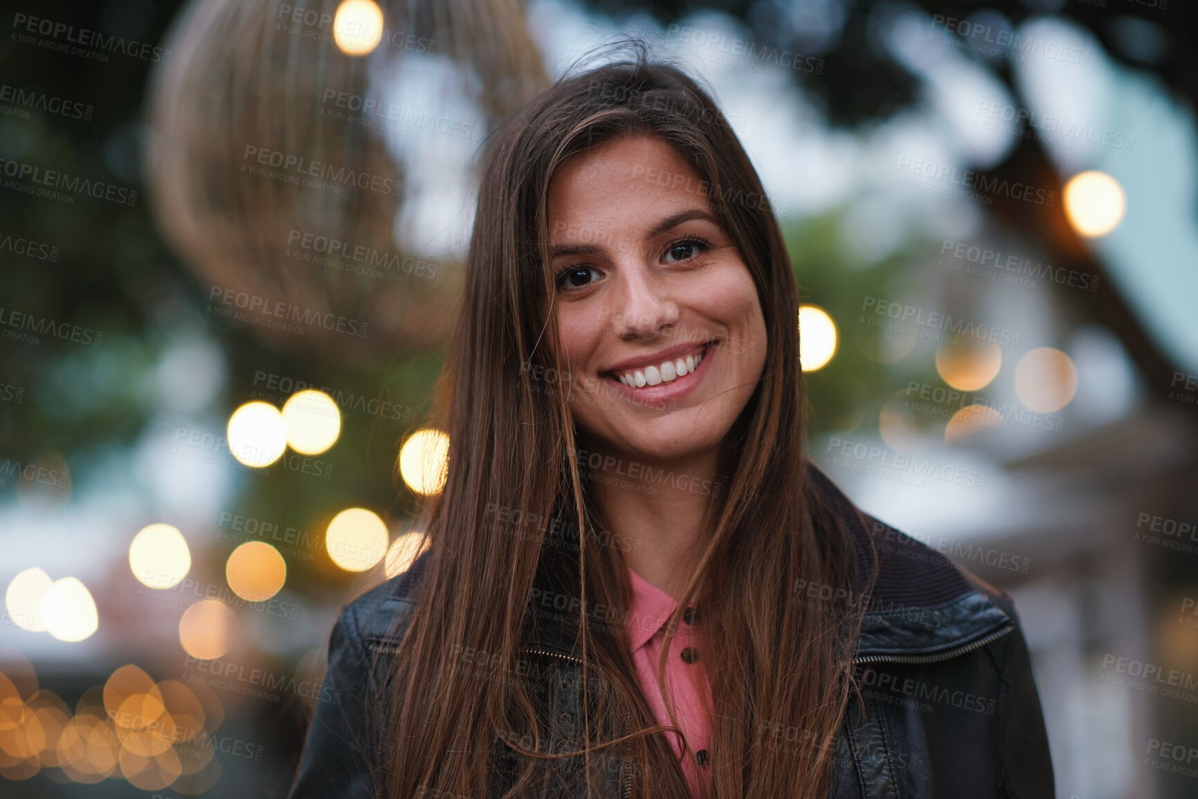 Buy stock photo Night, portrait and woman with travel for festival, holiday experience and abroad for weekend getaway. Bokeh, evening attraction and person with smile for tourism, overseas vacation and local event