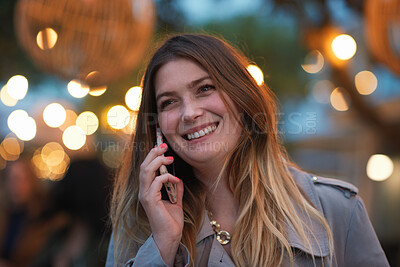 Buy stock photo Happy, phone call and woman in city, travel and laughing at funny chat on weekend and communication. Evening, outdoor and person with mobile for discussion, bokeh and listening to joke with tech