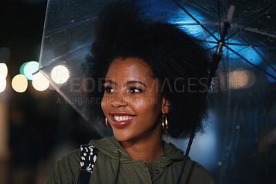 Buy stock photo Night, student and happy woman in city with umbrella, rainy weather or evening commute from university. Late, bokeh and black person thinking in urban town with winter, journey or travel from college